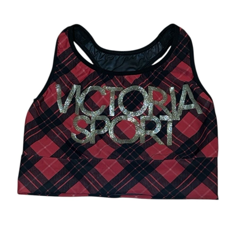 Victoria Sport Red Plaid Sports Bra, Lined, Small